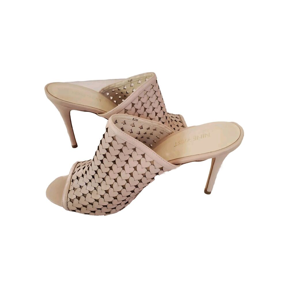 Nine West Sandal Women 8.5 Open Toe Slip In Nude Pink Hearts High Heels